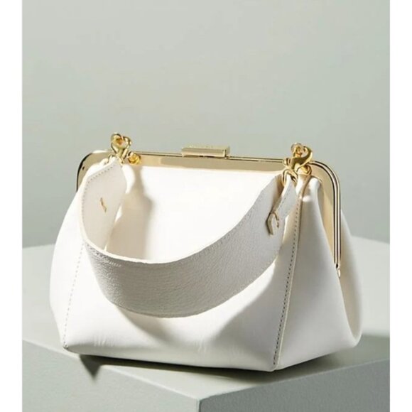 Clare V. Frame Top Handle Bag White Leather Gold Kiss-Lock Clasp Chic - Picture 14 of 15